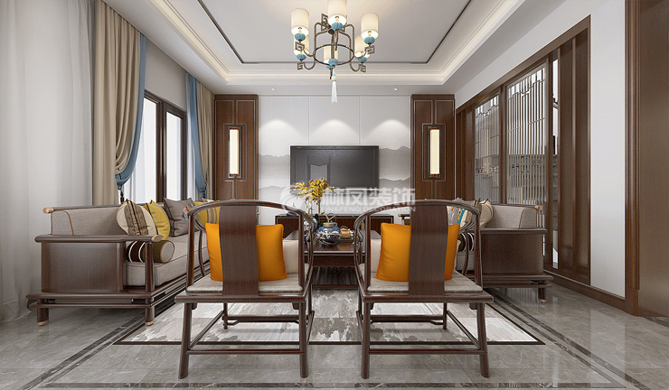 新中式風(fēng)格別墅客廳波導(dǎo)線設(shè)計(jì)裝修效果圖