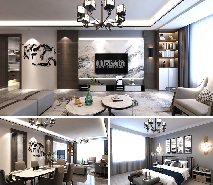 沈陽富力院士廷138平新中式風(fēng)格裝修效果圖